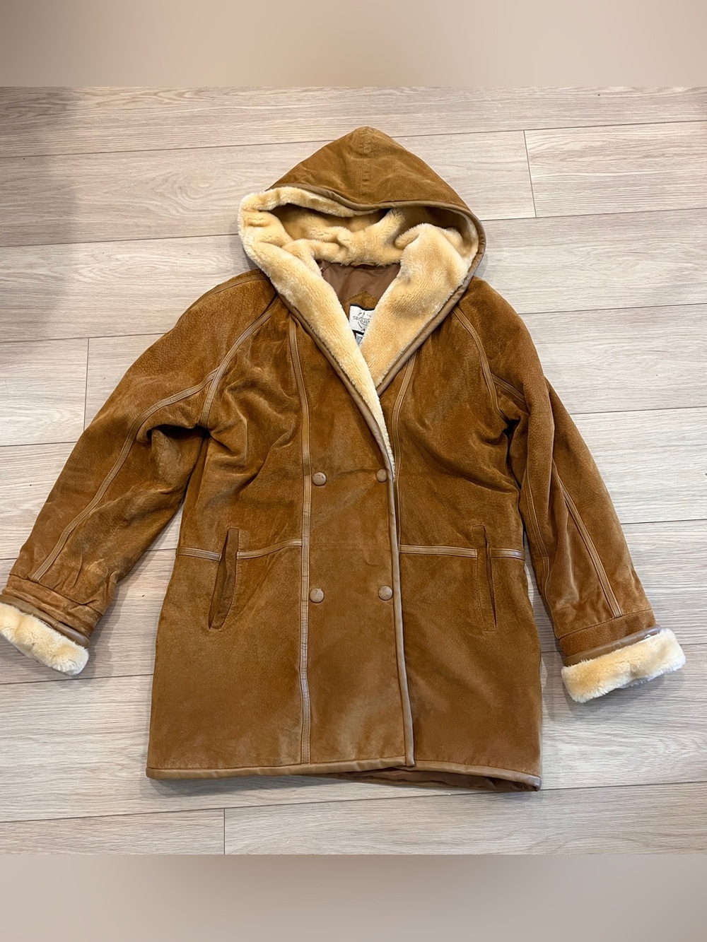 Sequence Brown Leather Suede Faux Fur Hooded Penny Lane Coat Y2K Women 8